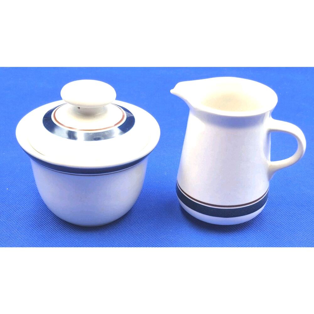 Vintage Tienshan Stoneware Creamer Sugar Set Cream w/Cobalt Blue Burgundy Stripe